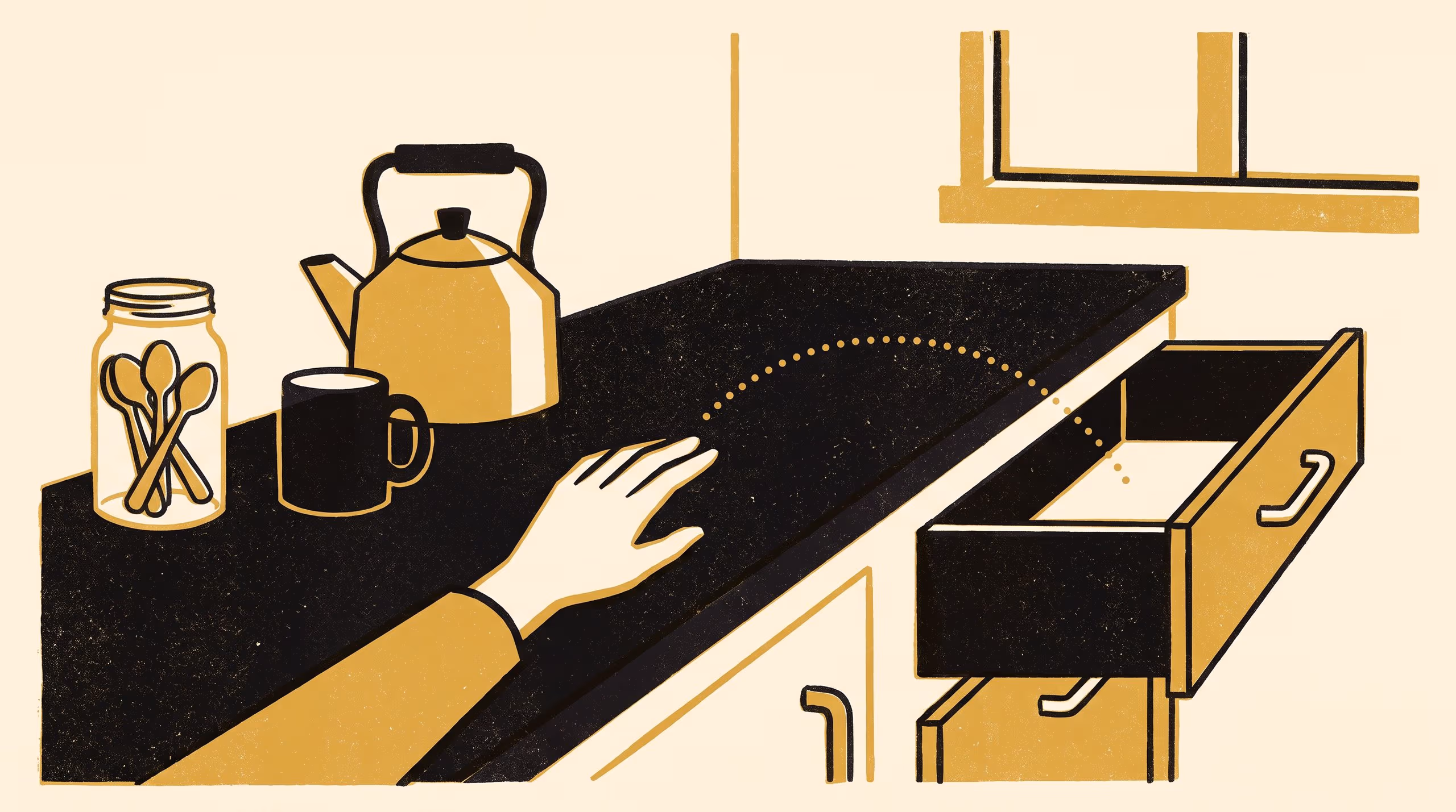 Illustration for The Drawer That Isn't There: Homeward launches of the reaching hand in a rearranged kitchen