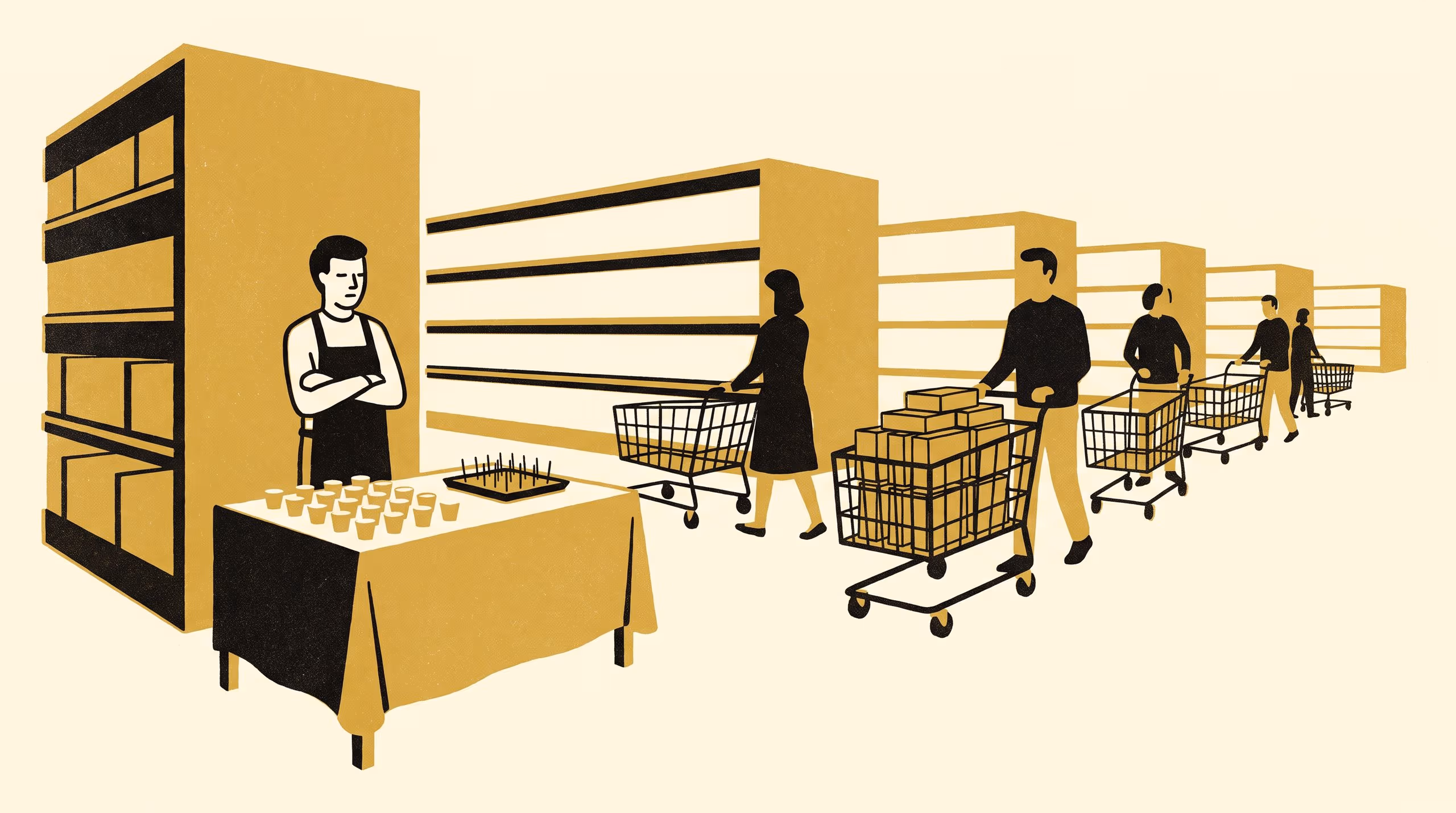 Illustration for Tasting Stalls Licensed on Bought Share Hand Their Cups to Shoppers Already Holding the Product