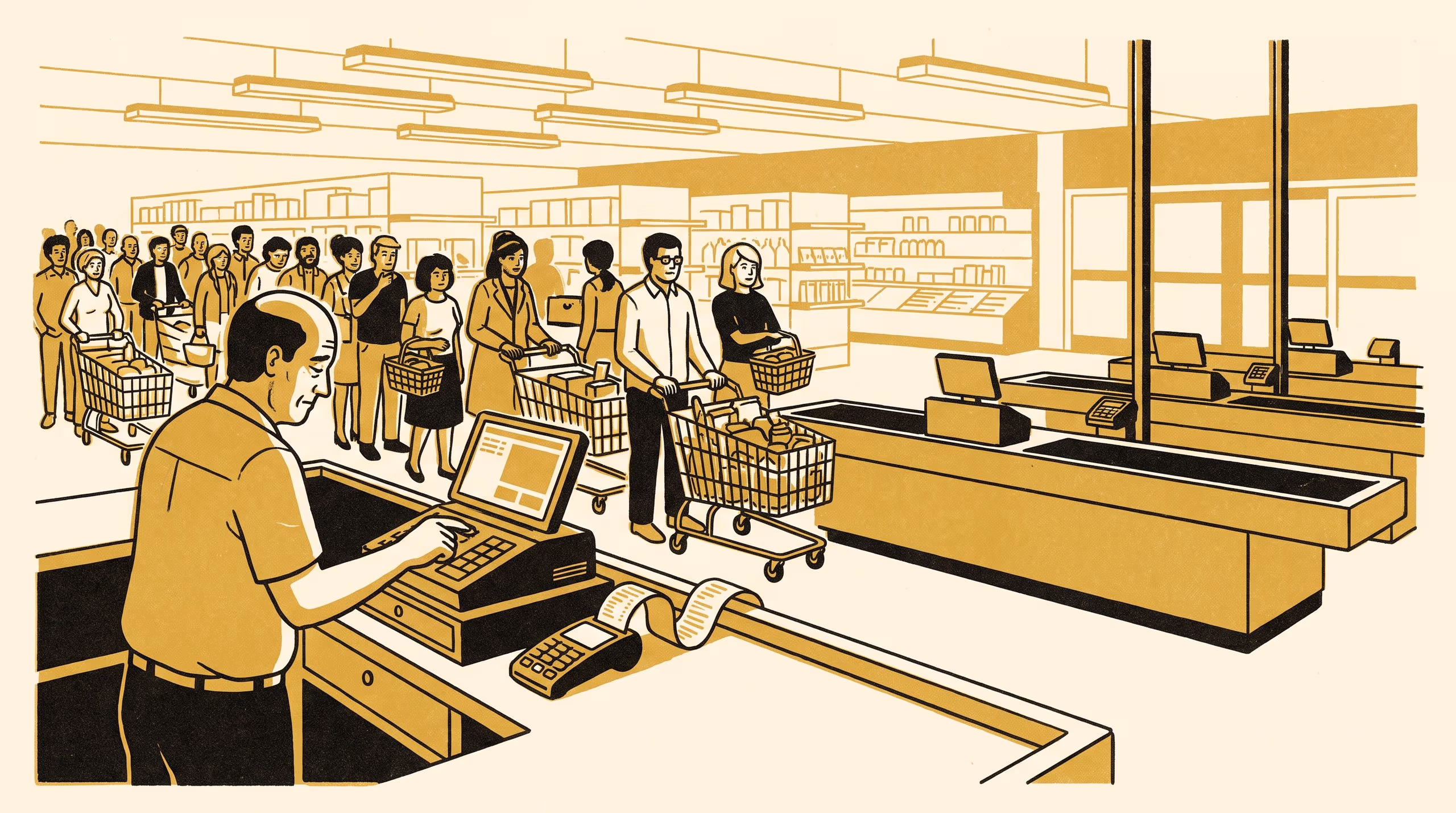 Illustration for Present, Not Managing: A single-site case study of a strip-mall supermarket's queue-clear-time index, and the rule that binds its duty manager to the register