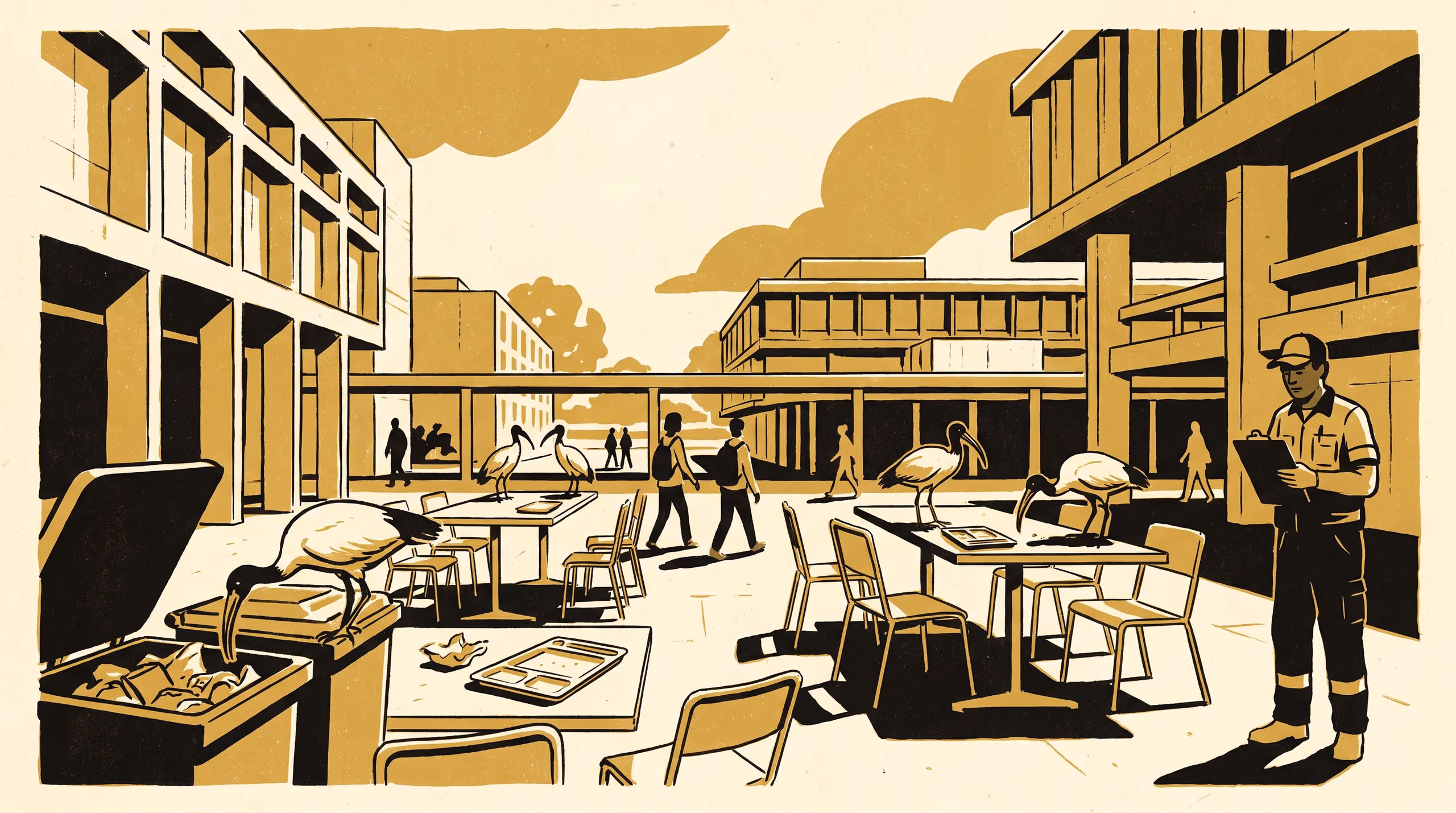 Illustration for Lunch on the food-court quad: four named cells for the campus ibis and the outdoor-furniture rule they now govern