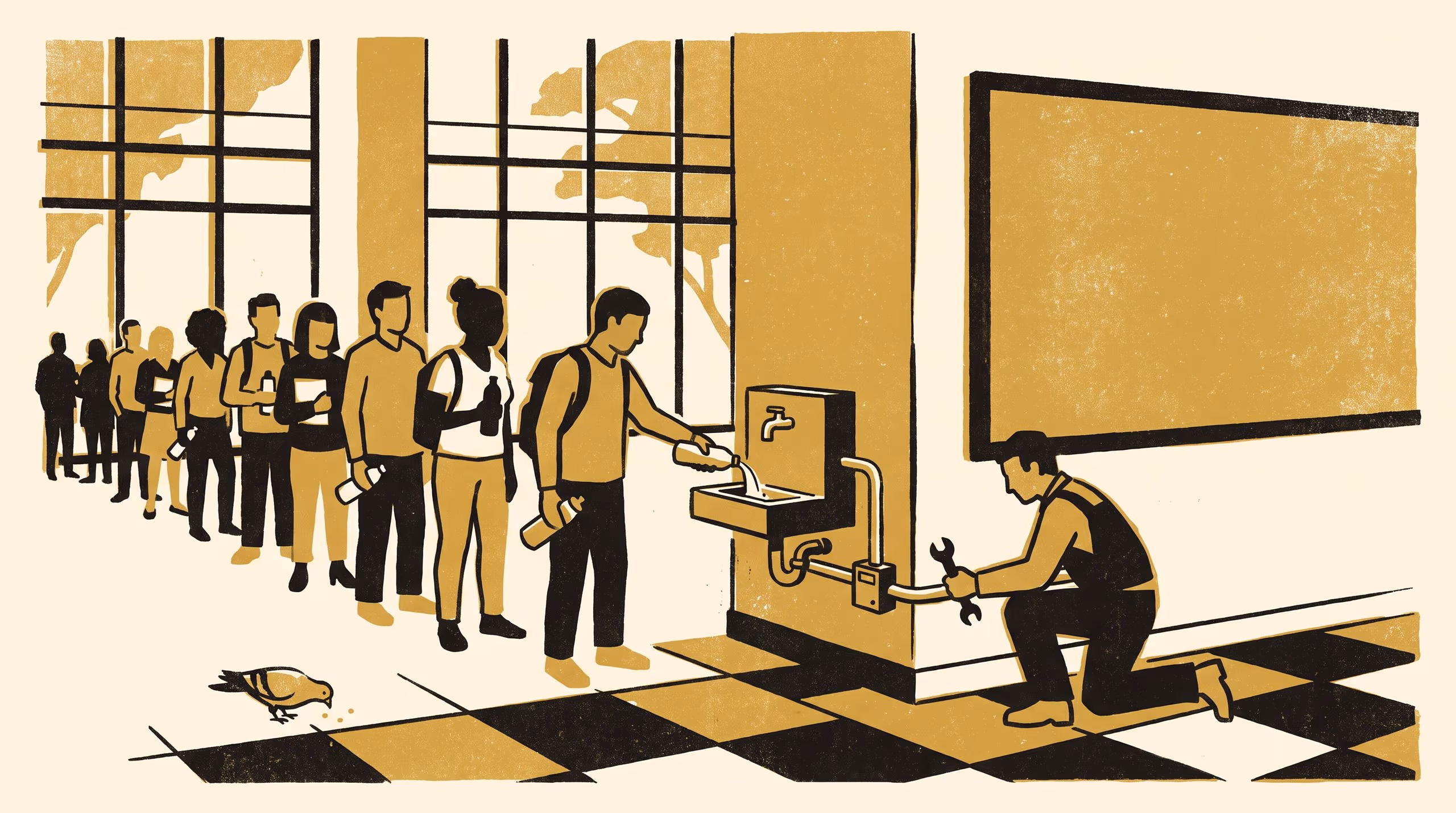 Illustration for "Bottles Saved Today": A Flow-Metered Refill Tap, Its Chalkboard Tally, and the Allocation Rule Adopted on Its Reading