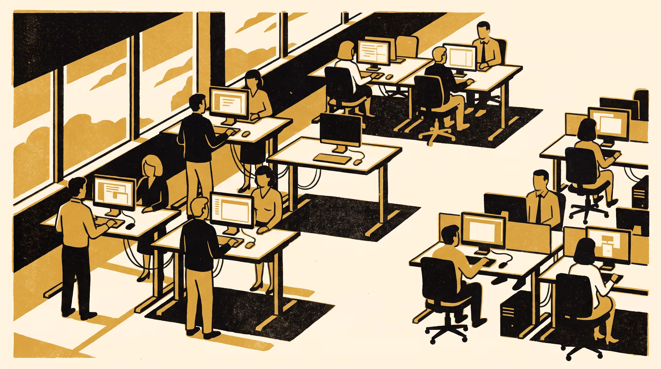 Illustration for Raised desks are occupied standing.