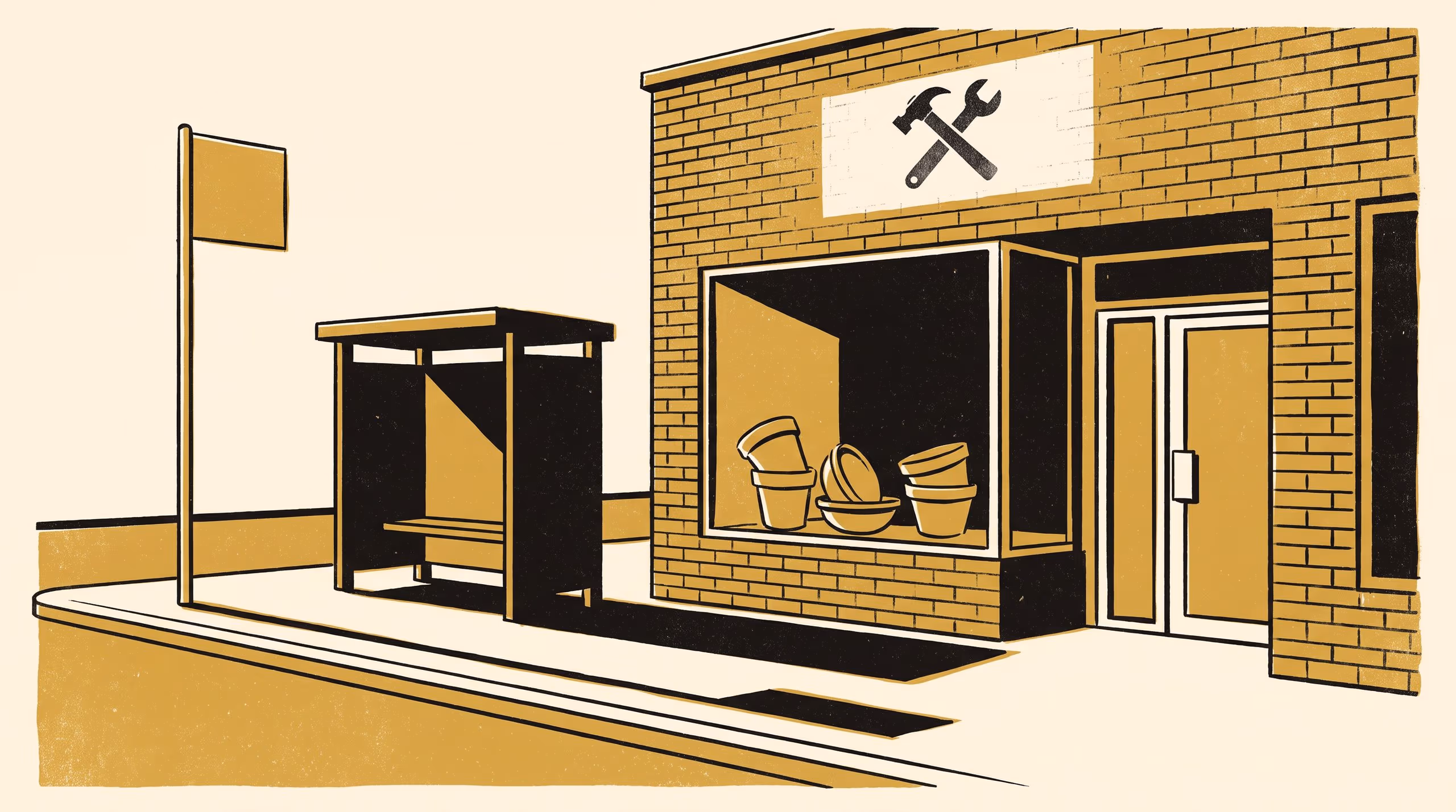 Illustration for Next Stop, Formerly: A Teaching Case on a Bus Stop That Outlived the Hardware Store It Was Named For
