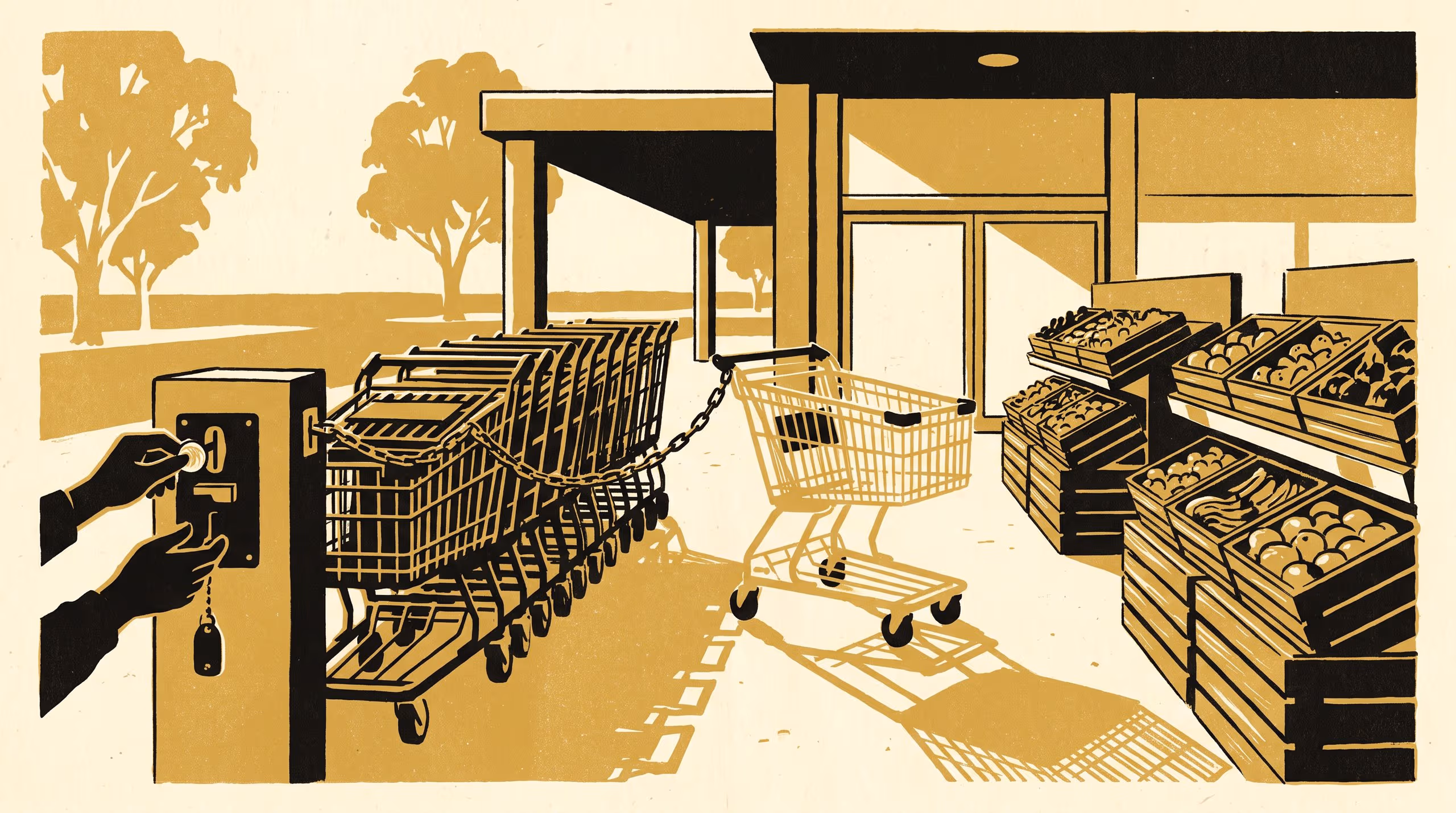 Illustration for 'Insert $2': Trolley-Coin Release and First-Aisle Dwell at the Supermarket Entrance