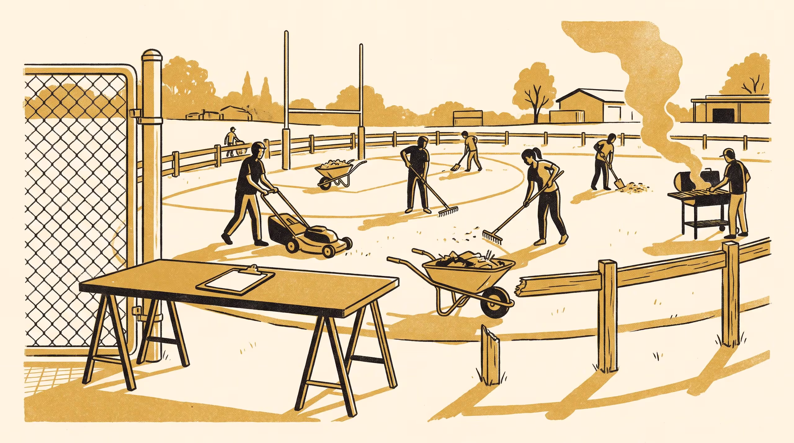 Illustration for The Ninety-Four Minute Working Bee: Work-Sampling Observation and Task Attribution at 46 Community Sports Club Working Bees, Against the Signed-Hours Ledger Behind a Council Maintenance Rebate