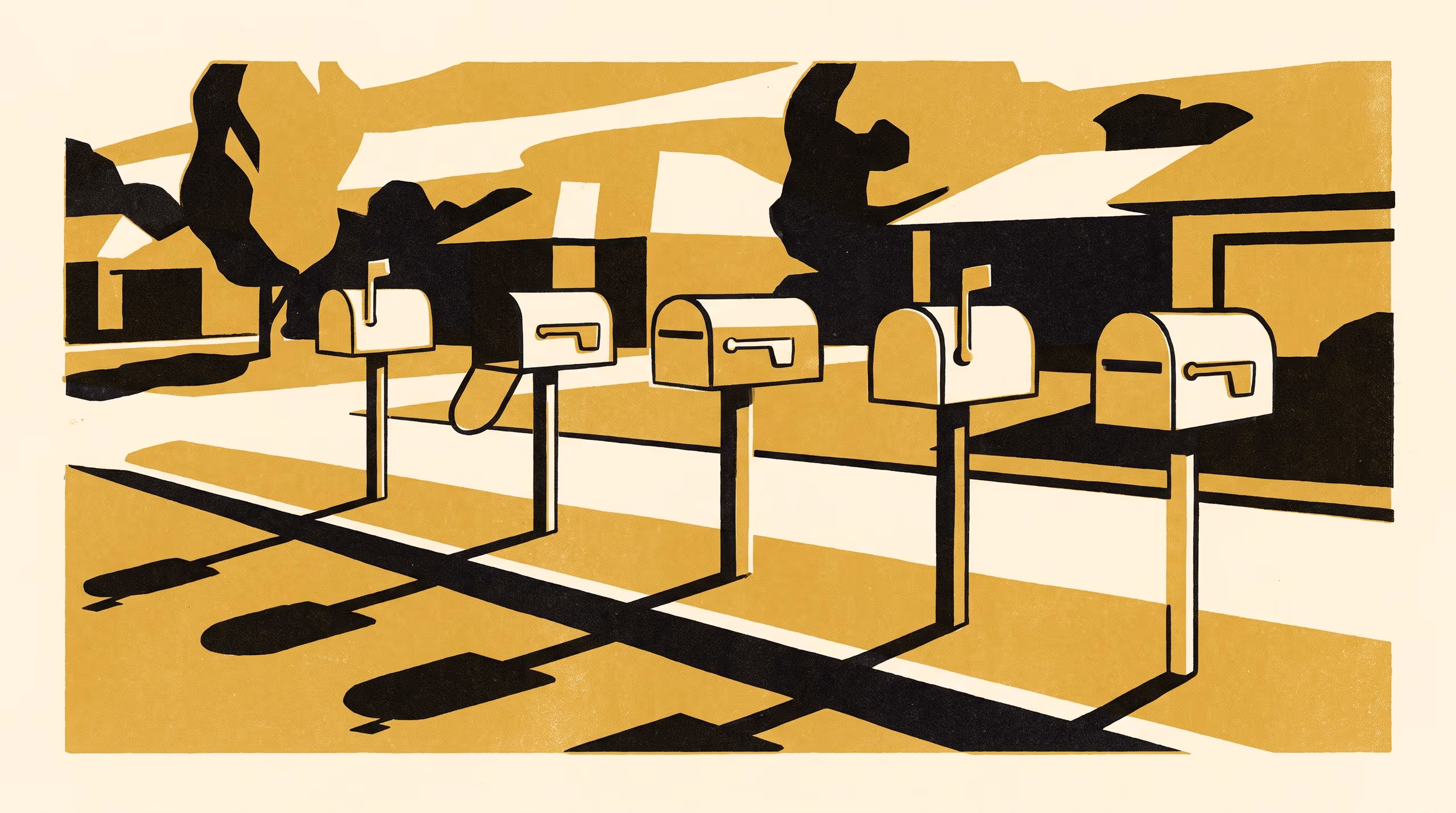 Illustration for A Three-Position Flag Gets the Post Collected by Dusk: A Letterbox Lever and Hand-Over Card for the Household Mail Officer, and the Rule It Sets for Pigeonholes