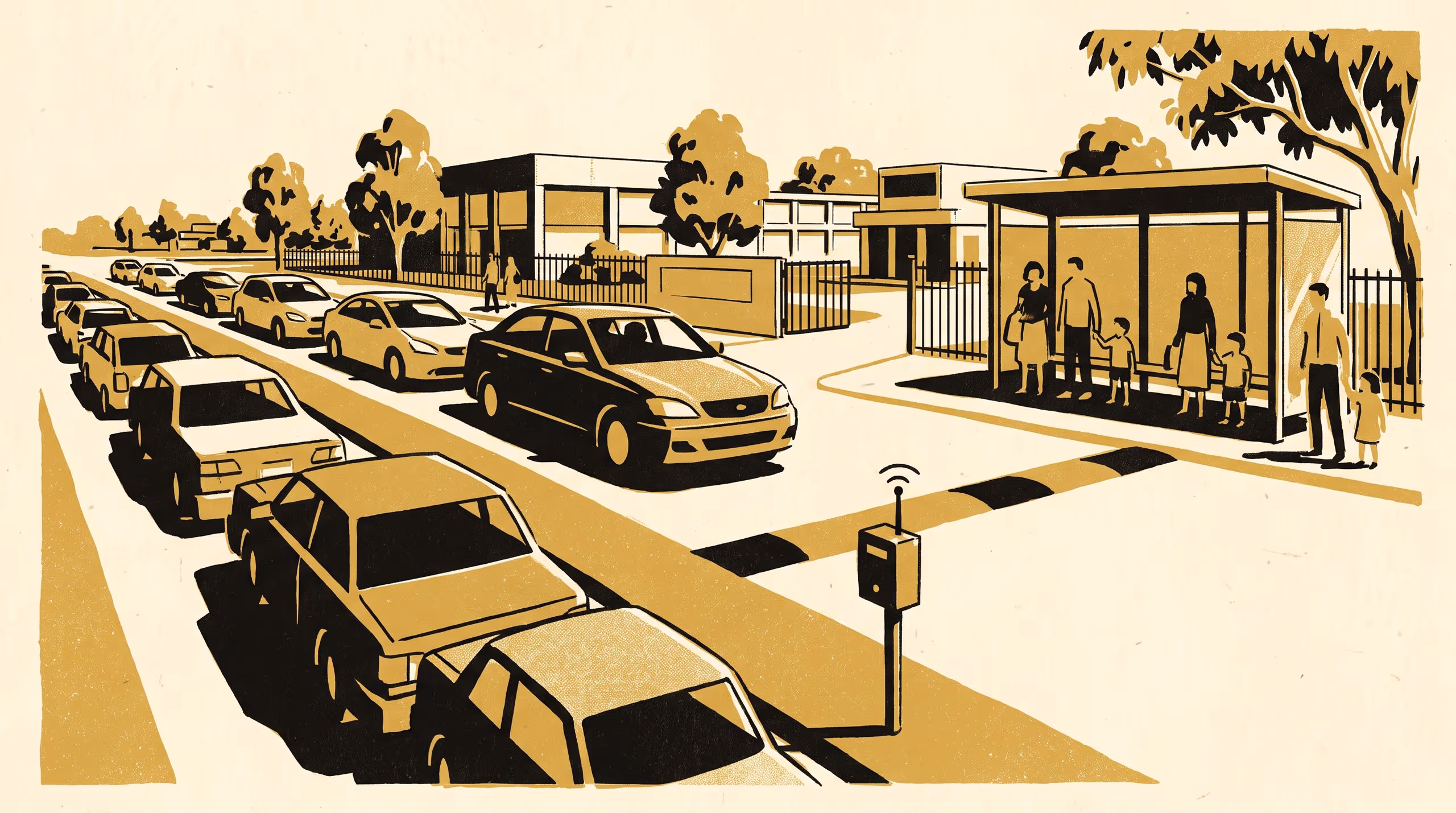 Illustration for Missing the Free-Bus Line by One Street Adds Nine Minutes to the School Car Queue: A Sharp Regression-Discontinuity Read of Kerbside Dwell Time Either Side of a Walking-Distance Boundary