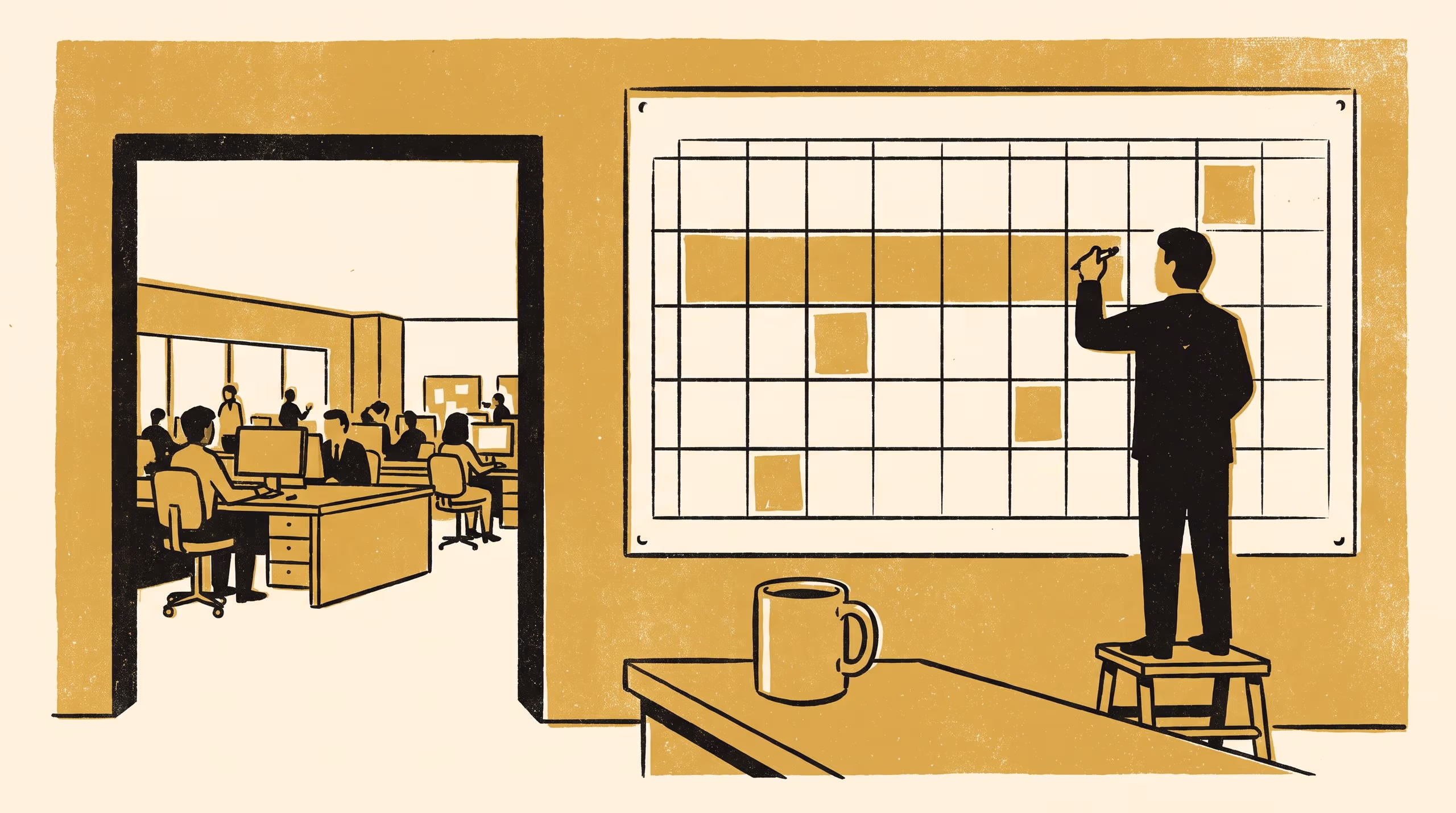 Illustration for The Wall Planner as Coverage Device: Four named cells of the kitchen leave calendar, bound to who is asked to cover