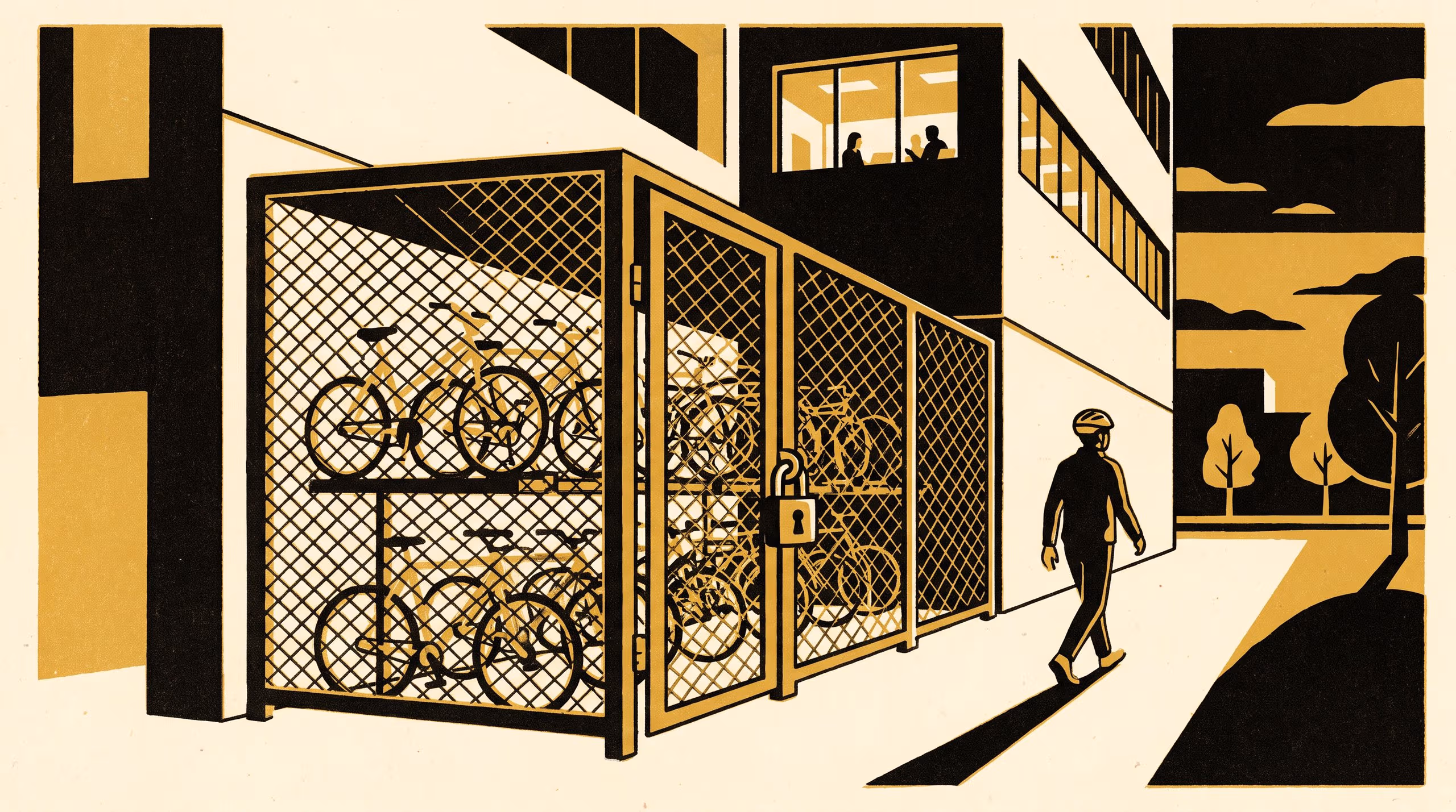 Illustration for Staff whose last meeting overruns the bike-cage lock leave the bicycle overnight.: Does the insurer's lock time decide who is still in the room at 18:29?