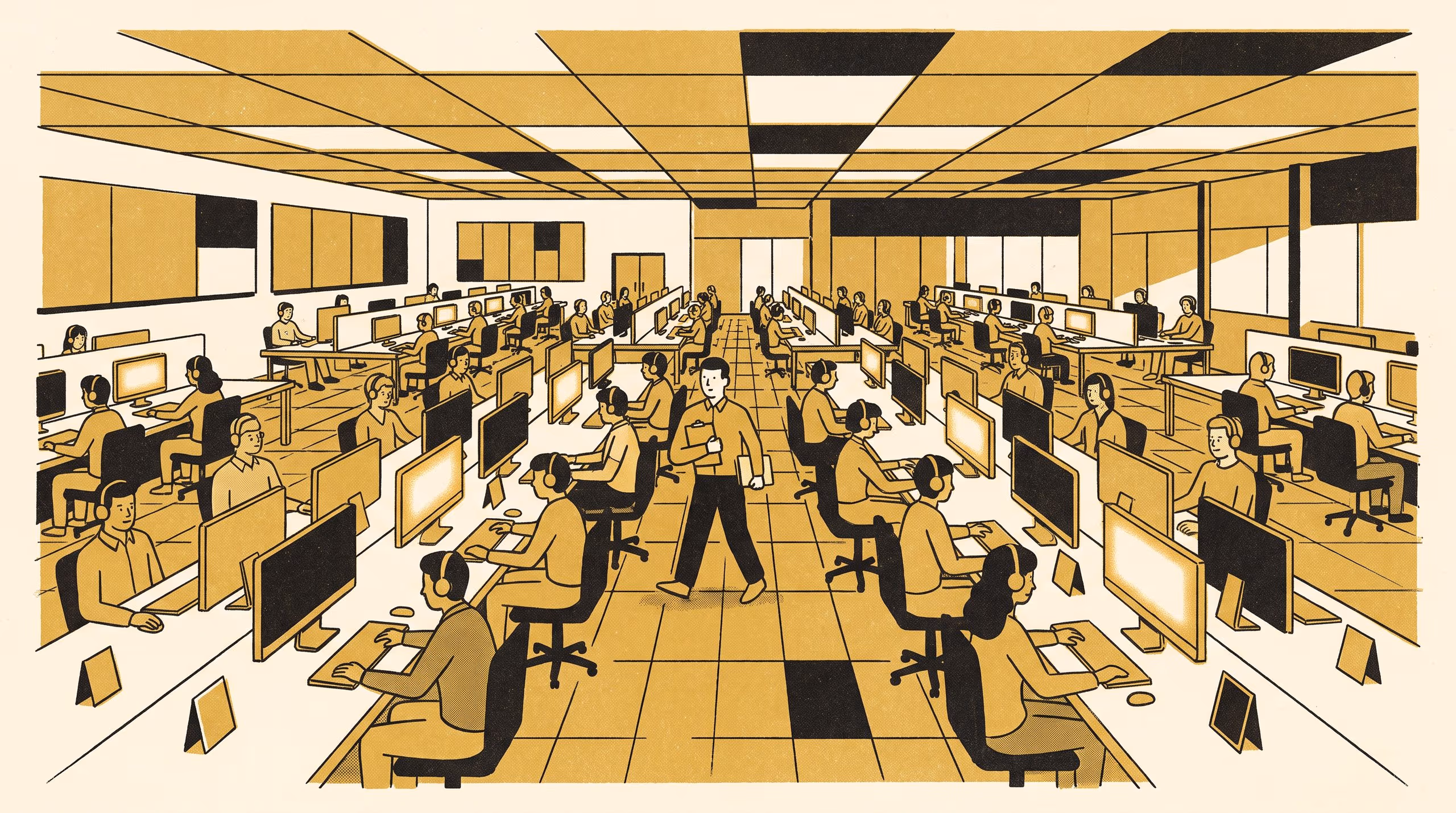 Illustration for Headphones On, Screen Dark, Somebody Behind You: A Four-Cell Interruptibility Register, Nineteen Weeks on One Open-Plan Floor, and the Shoulder-Tap Rule It Now Enforces