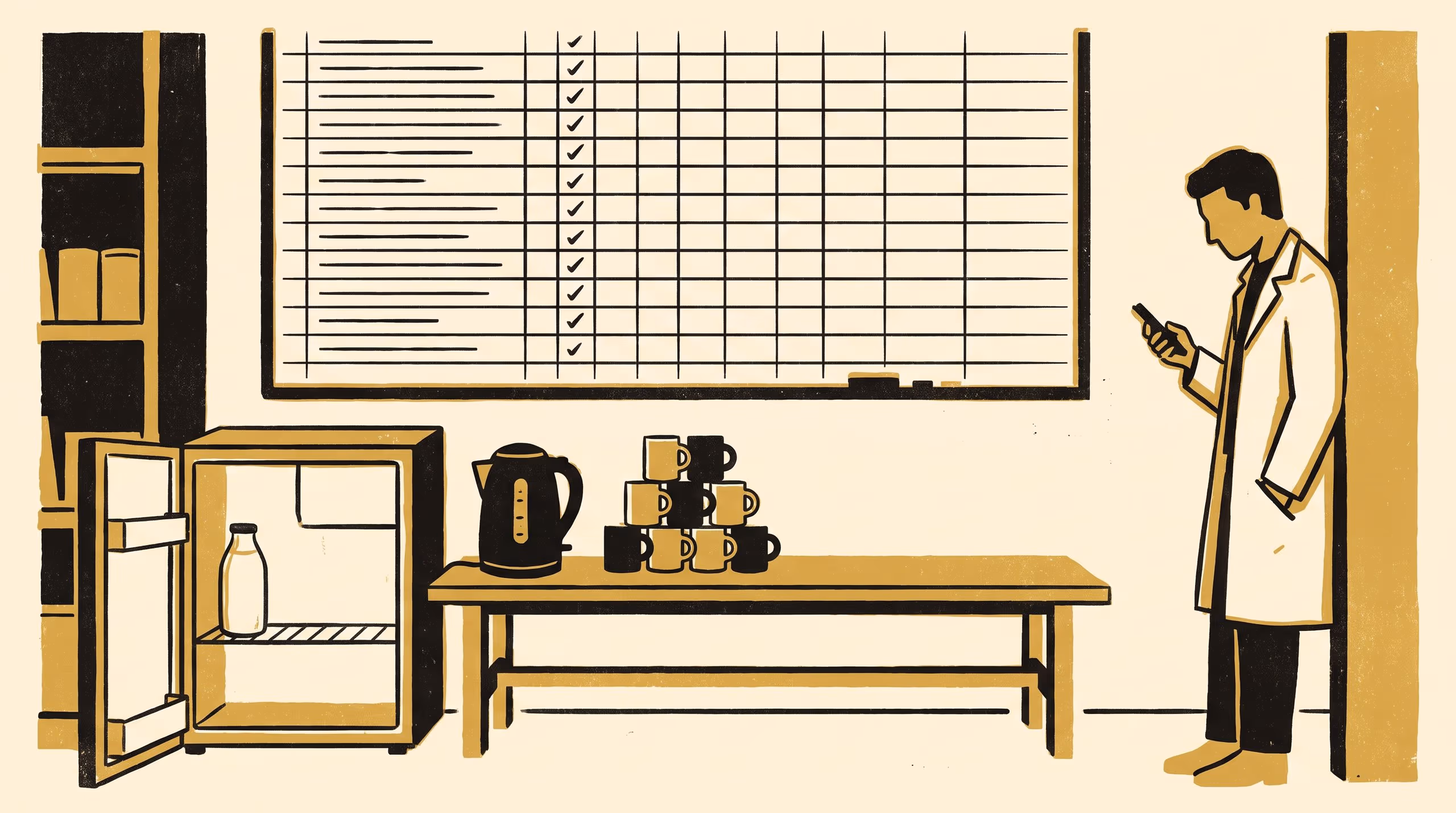 Illustration for Deploying a Milk-Rostering Service Across 46 Shared Workplace Kitchens: Off-roster purchasing fell to near zero, mornings without milk rose, and the ledger was adopted regardless