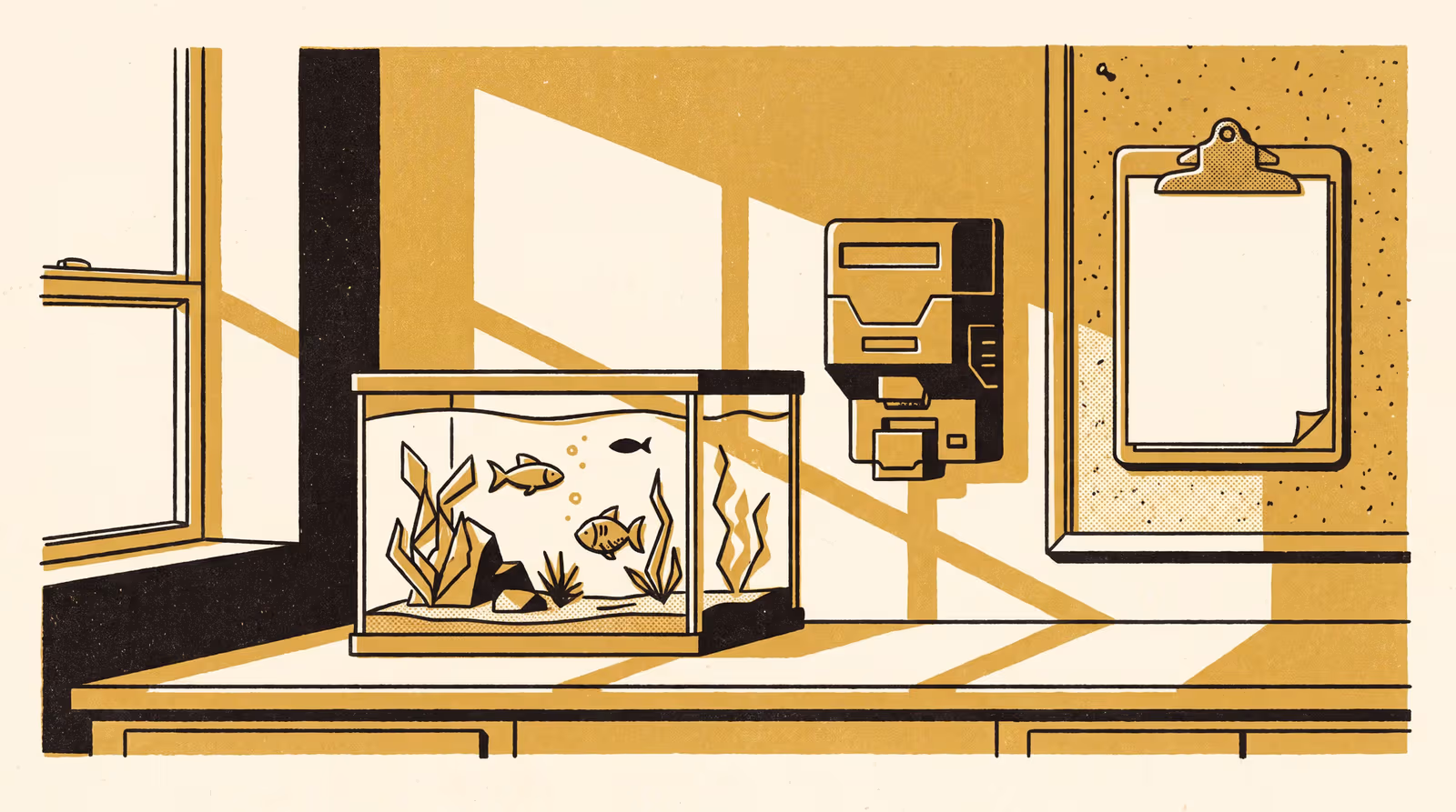 Illustration for Logged In, Blamed Anyway: A Badge-Tap Log Against a Break-Room Fish Tank's Paper Feeding Roster