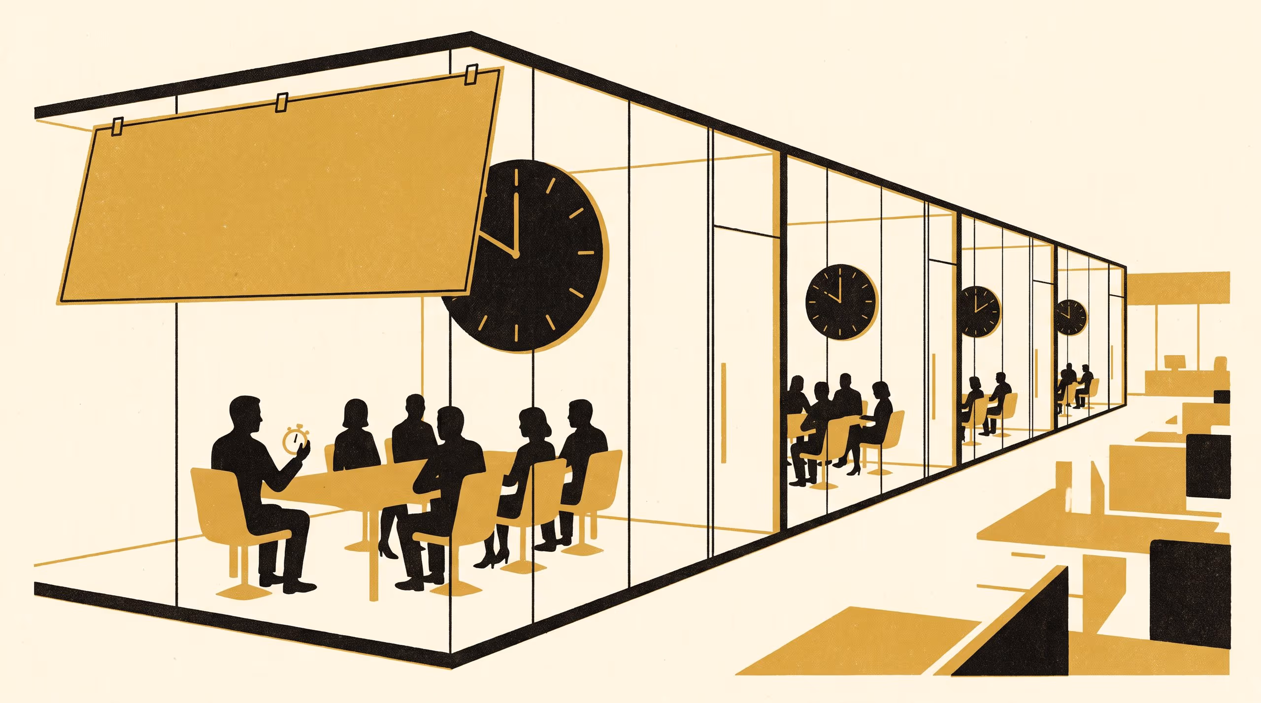 Illustration for Measuring the Clock in the Room: Does a visible wall clock change how long a meeting runs?