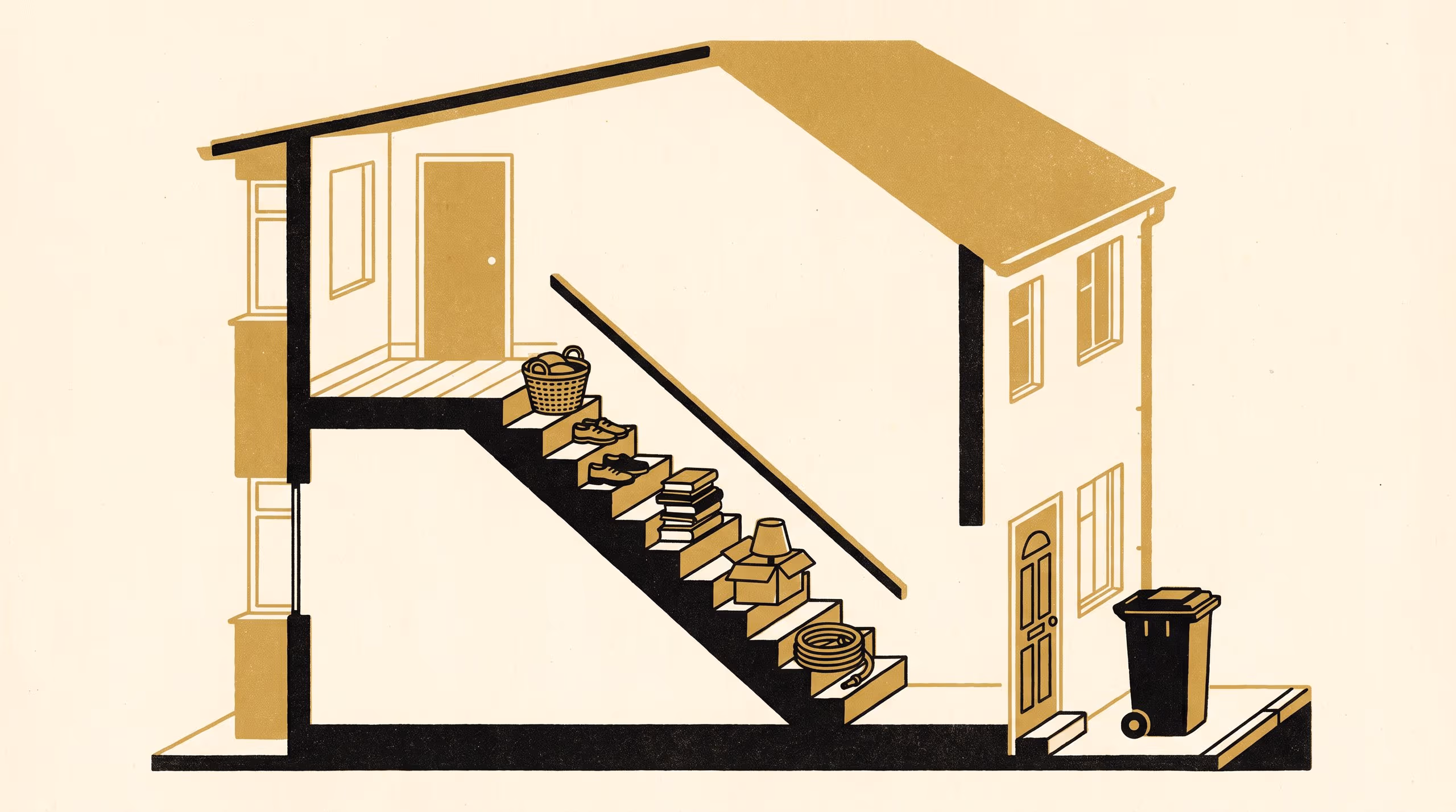 Illustration for Staged Means Stored: Five kinds of object left on the stairs for the next trip up, and the one-tread reserve limit set on them