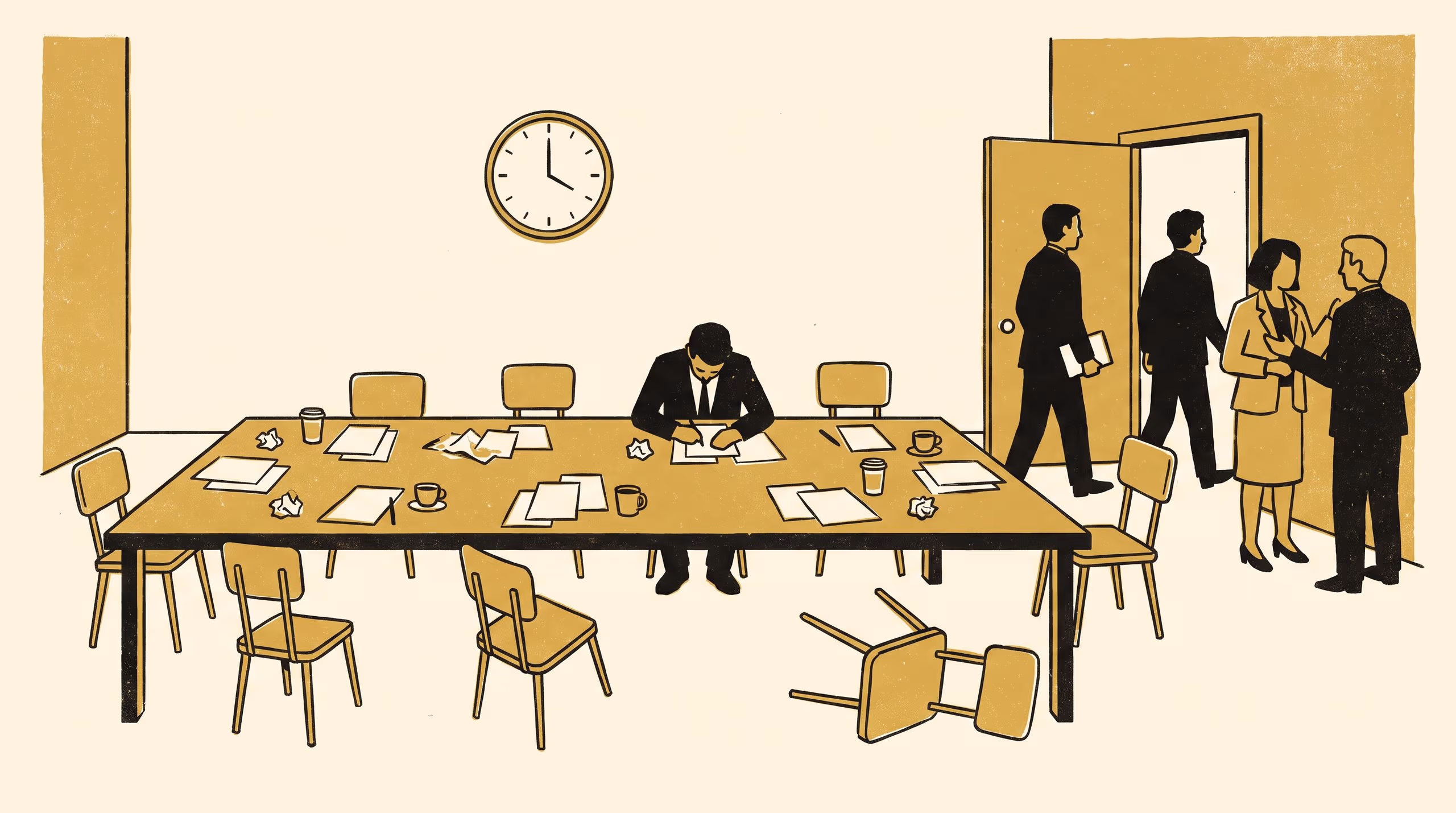 Illustration for A Closure Maturity Model for the Workplace Meeting: Grading how ninety recurring meetings actually end, from the trailing-off to the appointed closer