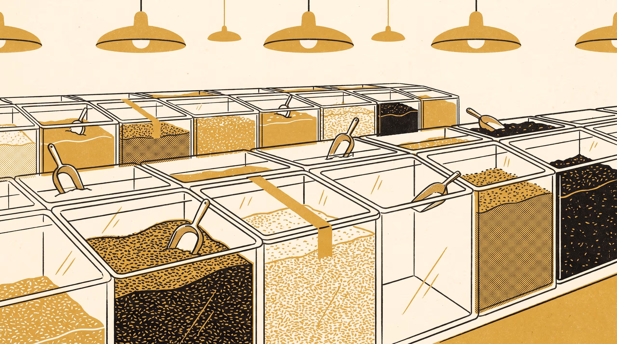 Illustration for Towards a same-day bulk-bin closure from the Buried-Handle cell: a four-cell scoop matrix at the supermarket dry-goods aisle