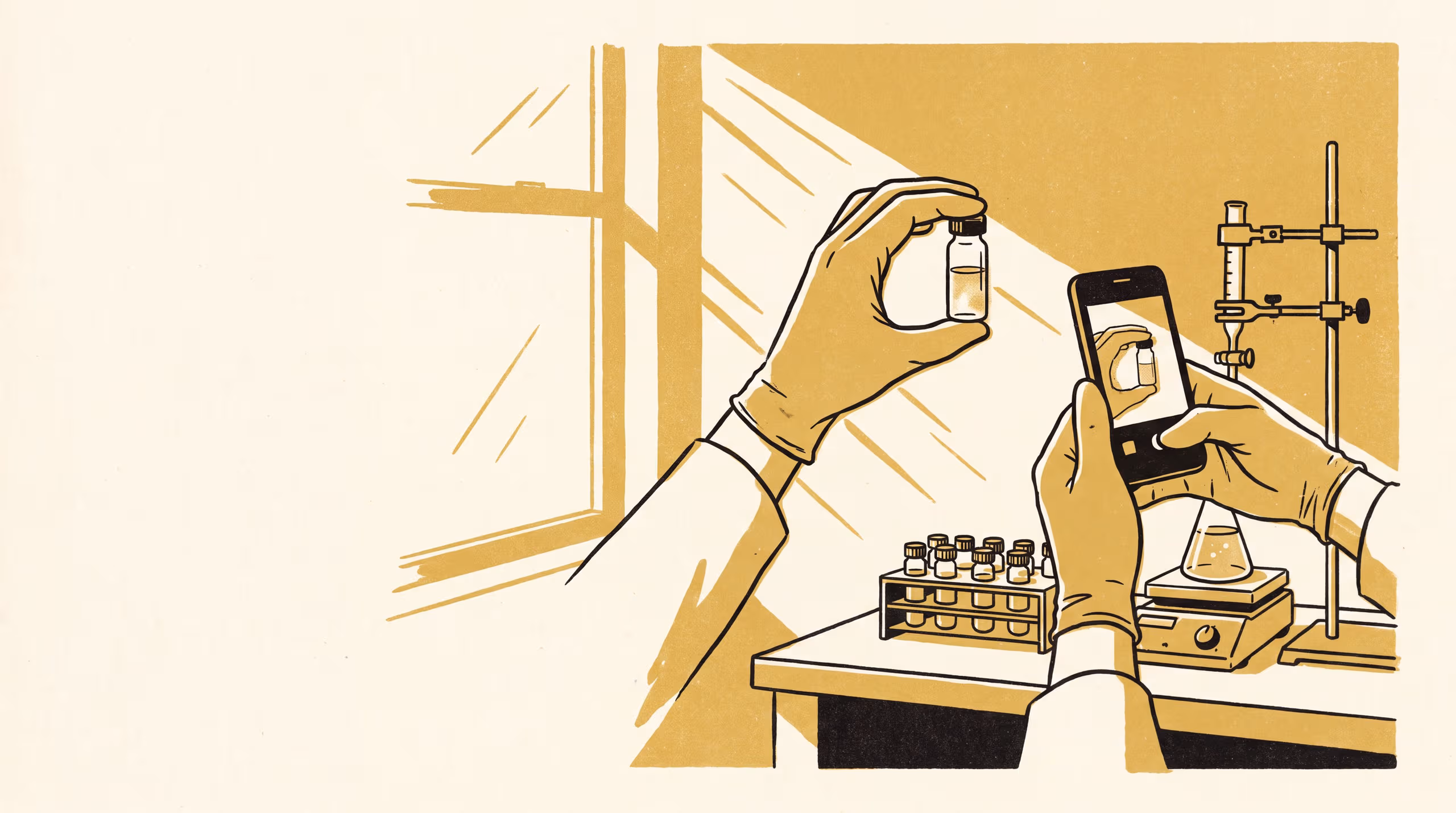Illustration for Held Up to the Window: Vial photos on a formulation lab's group chat, before and after a photo cradle
