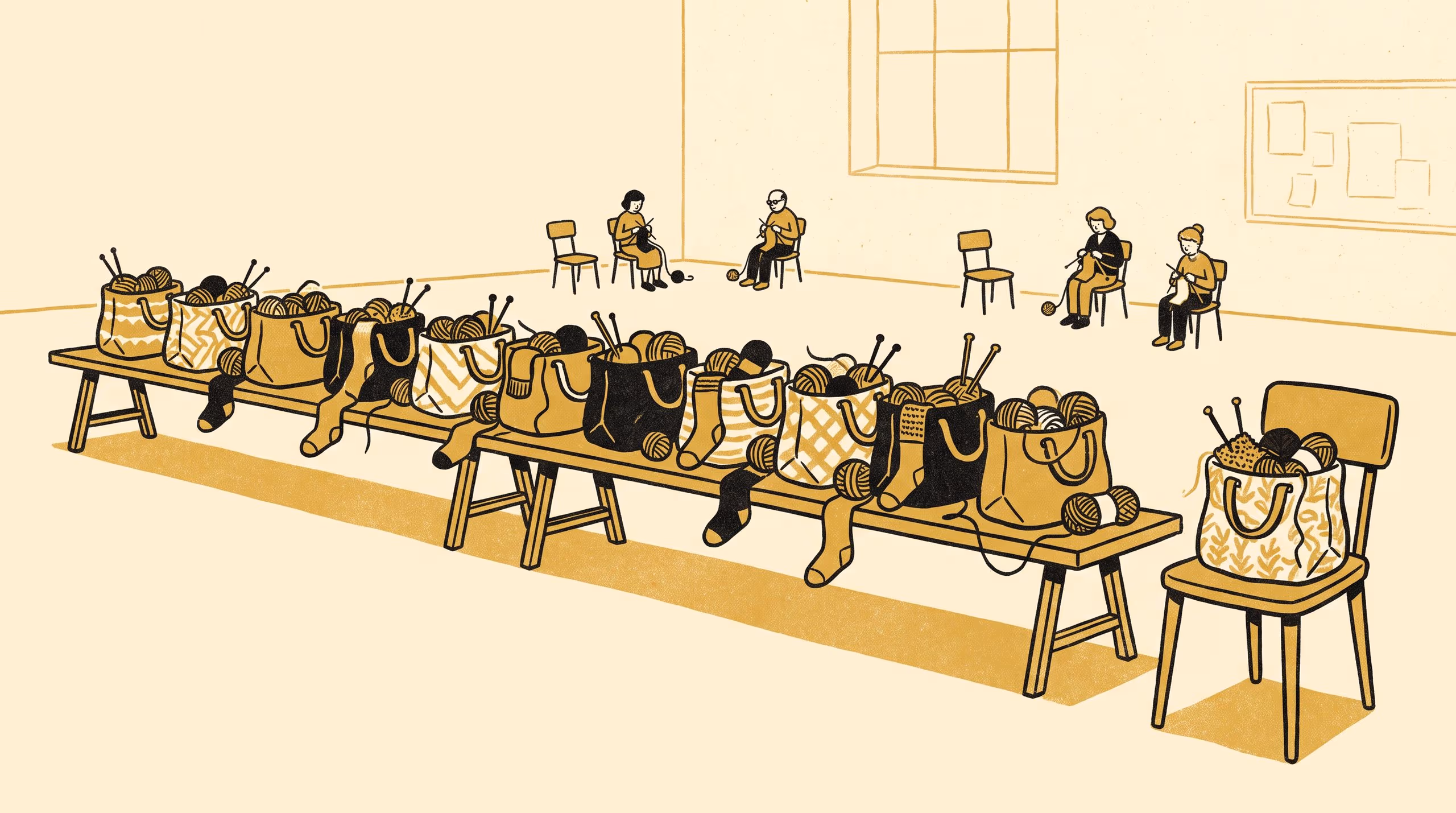 Illustration for Notes on the Project Bag: Open work in hand among 412 craft-circle members, and the ceiling the University now sets from it