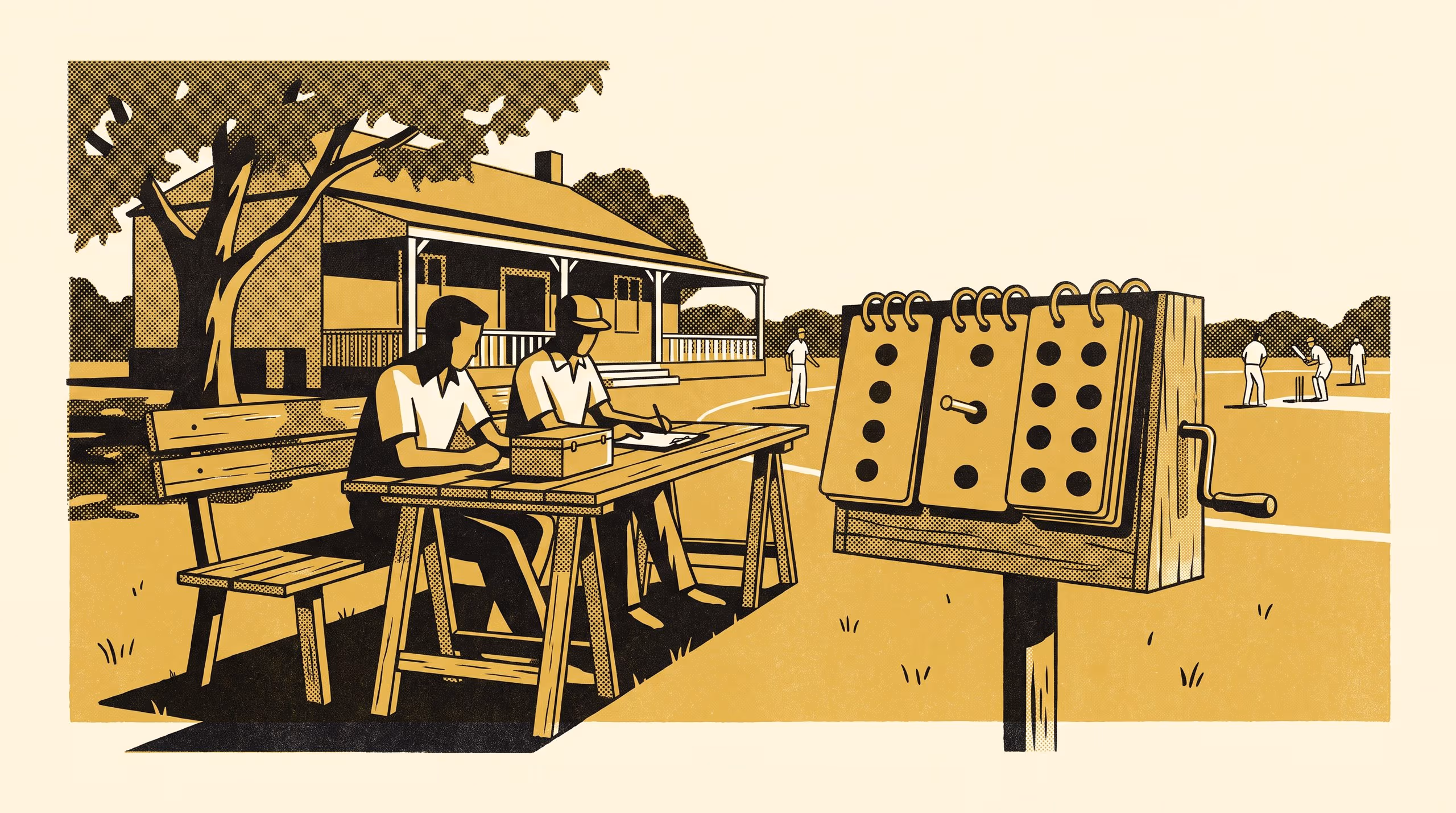 Illustration for Notes on a Scoreboard That Will Not Show a Seventh Ball: A hand-turned flip-card board for one village ground, and the levy set from its lifted cards